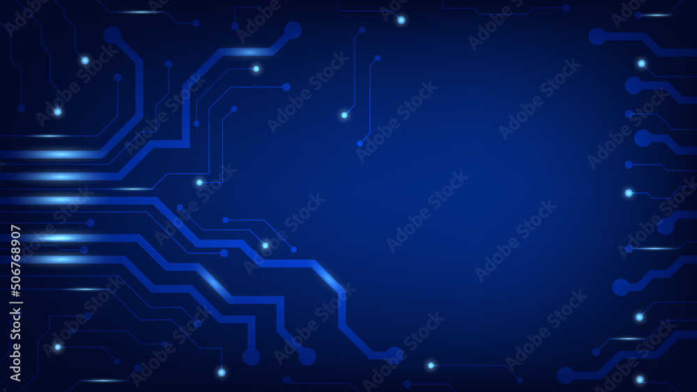Obraz premium Hi-tech digital circuit board. AI pad and electrical lines connected on blue lighting background with copy space. futuristic technology design element concept