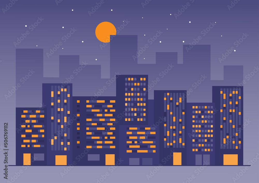 Urban landscape with modern buildings in the night view. Cityscape in minimal flat design. Vector Illustration.