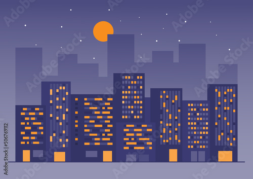 Urban landscape with modern buildings in the night view. Cityscape in minimal flat design. Vector Illustration.