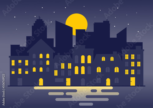 Urban landscape with houses and riverside buildings in the night view with a full moon. Cityscape in minimal flat design. Vector Illustration.