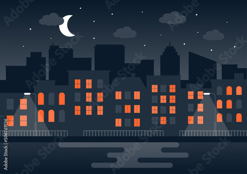 Urban landscape with houses and riverside buildings in the night view with a crescent moon. Cityscape in minimal flat design. Vector Illustration.