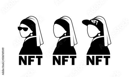 NFT art collection Girl with a Pearl Earring. Black and white NFT character set with Girl and Pearl Earring silhouette.