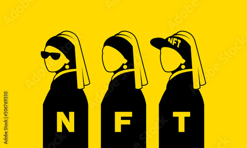 NFT art collection Girl with a Pearl Earring. Flat minimalistic NFT character set with Girl and Pearl Earring silhouette.