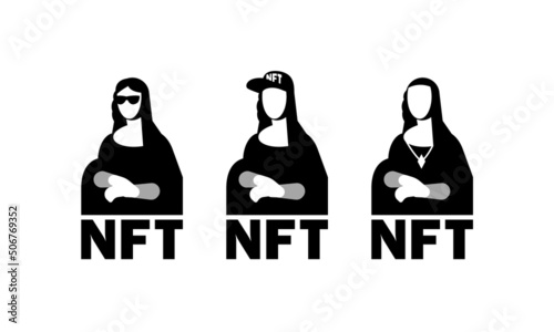 NFT art collection with Mona Lisa. Black and white NFT character set with Mona Lisa silhouette. photo