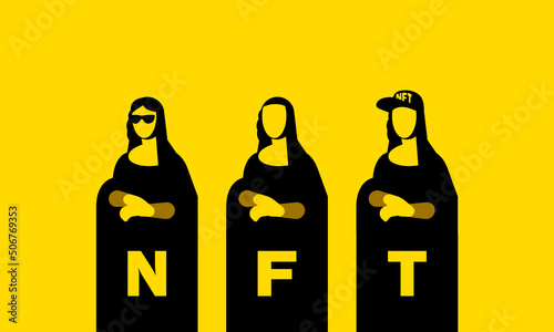 NFT art collection with Mona Lisa. Flat minimalistic NFT character set with Mona Lisa silhouette.