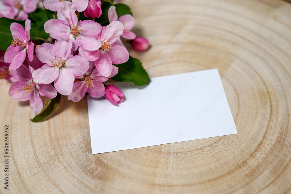 Spring composition. Blank card with pink apple tree flowers on a wooden tree cut surface. Mockup, top view. Spring composition. Blank card with pink apple tree flowers on a wooden tree cut surface. Mockup, top view.