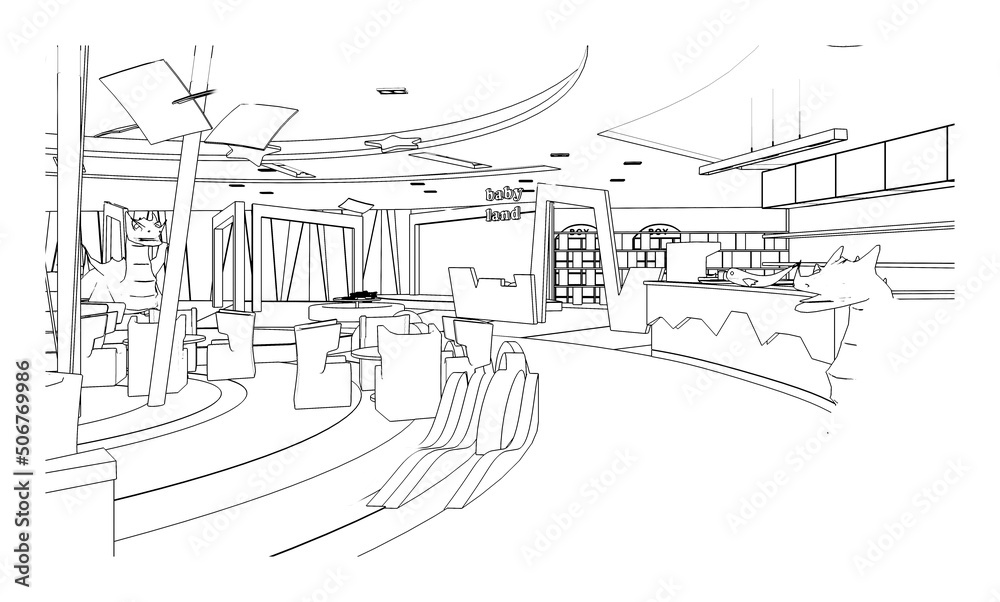 line drawing of playground for kids,play toys area,Modern design,3d rendering