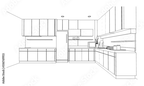 line drawing of kitchen room and pantry,Modern design,3d rendering