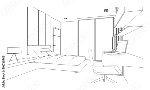 line drawing of bedroom,Modern design,3d rendering