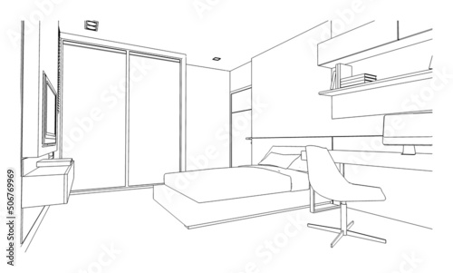 line drawing of bedroom Modern design 3d rendering