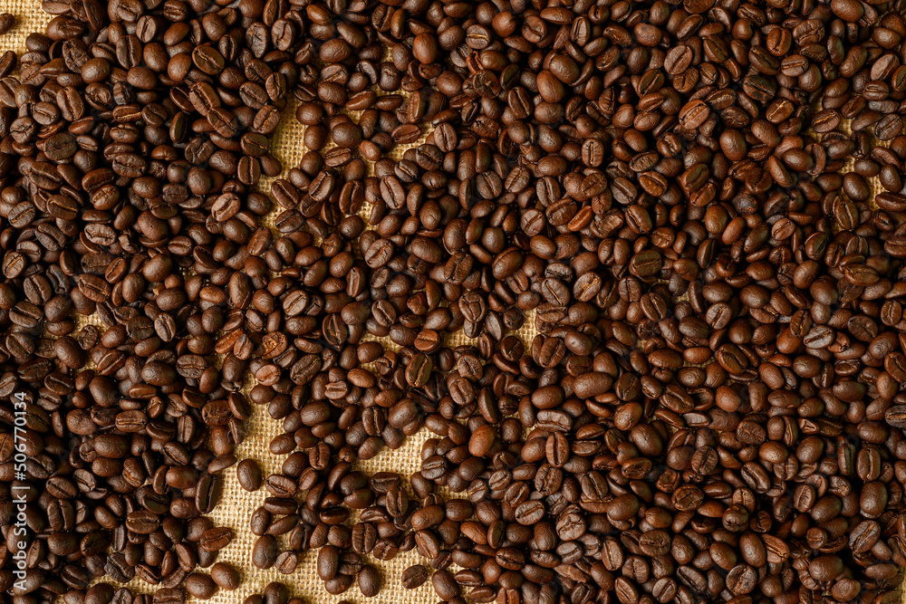 Roasted Arabica Coffee Beans On Burlap Sack.
