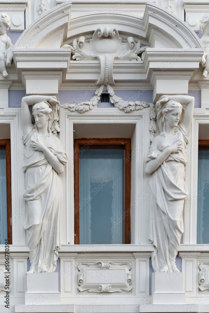 Detail of facade of Rukavishnikov estate, built during eclectic period, Nizhny Novgorod, Russia. Detail of facade of Rukavishnikov estate, built during eclectic period, Nizhny Novgorod, Russia.