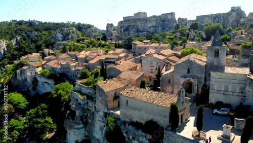 Les Baux de Provence village on the rock formation and its castle. France, Europe. Drone view photo