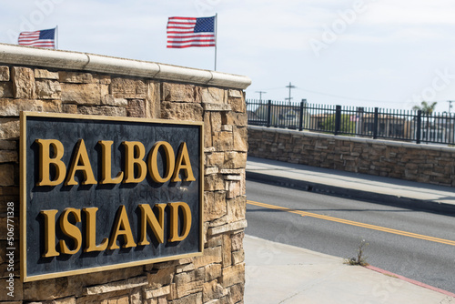 Closeup of the Balboa Island sign on the Balboa Island channel bridge in Newport Beach, California. photo