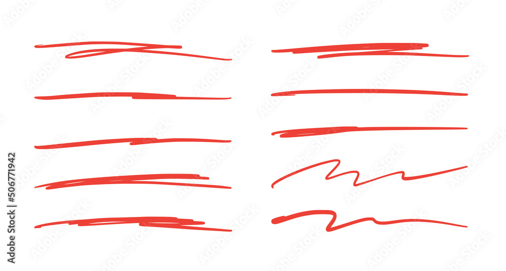 Red brush stroke underline. Marker pen highlight stroke. Vector swoosh brush underline set for accent, marker emphasis element.