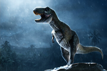 Poster Dinosaurus T-rex op rotsachtige bergtop  © fotokitas