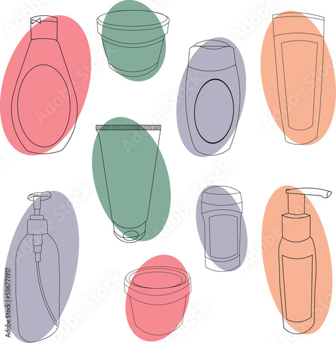 A set of bottles for bath and shower. Hygiene products. Bubbles for soap, shampoo, cream, mask, gel.