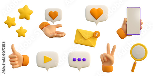 3d education and social media icons for university and school. Smartphone with hands, search, speech bubbles, stars and mail flying . Realistic 3d high quality render