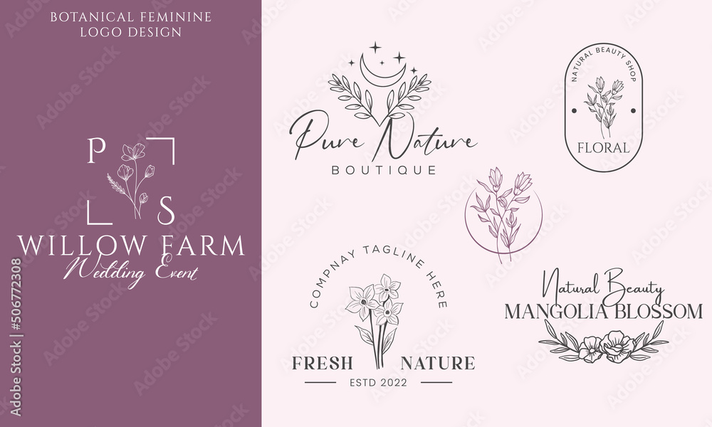 Botanical Floral element Hand Drawn Logo with Wild Flower and Leaves. Logo for spa and beauty salon, boutique, organic shop, wedding, floral designer, interior, photography, cosmetic.