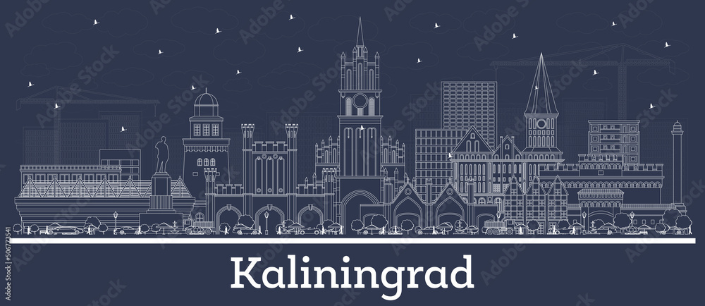 Outline Kaliningrad Russia City Skyline with White Buildings.