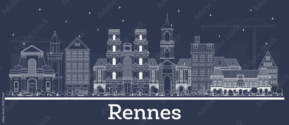 Outline Rennes France City Skyline with White Buildings.