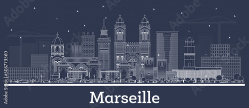 Canvastavla Outline Marseille France City Skyline with White Buildings.