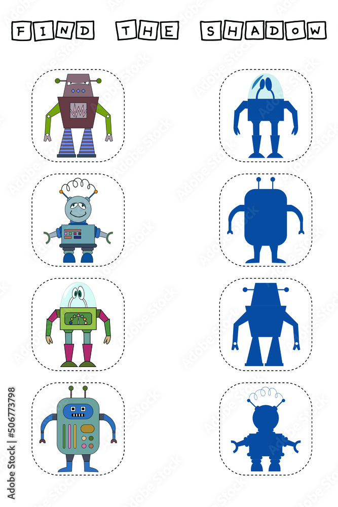 Find a shadow robots. Match funny heroes with correct shadow. Preschool worksheet, kids activity worksheet, printable worksheet
Find a shadow robots. Match funny heroes with correct shadow. Preschool worksheet, kids activity worksheet, printable worksheet