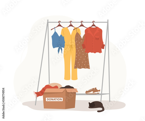 Clothes donation. Cardboard box in wardrobe with old clothes ready to be shared or recycled. Volunteering and social care. International charity day. Vector illustration in cartoon style.