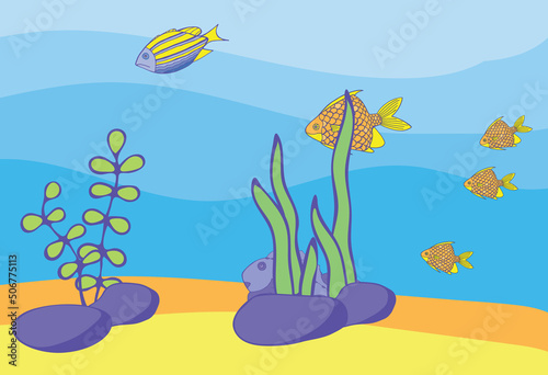 Hand Drawn Fish Illustration. Underwater World Panorama.