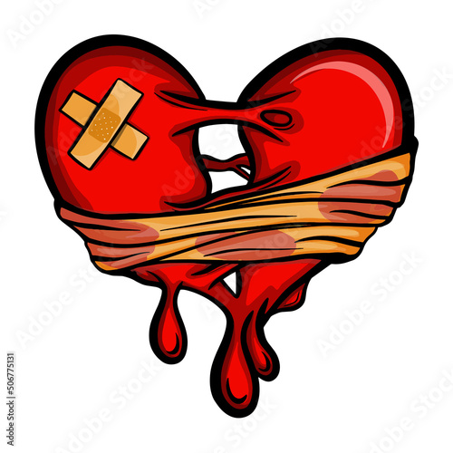Broken heart clipart, Drip Blood , Heart injury with adhesive elastic medical plasters and bandage,