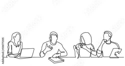 continuous line drawing of office workers at business meeting