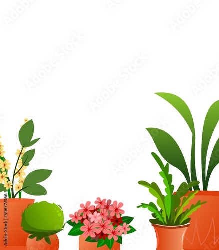 Indoor plants and flowers. In ceramic pots. Homemade beautiful herbs. Isolated on white background. Cartoon fun style. Vector