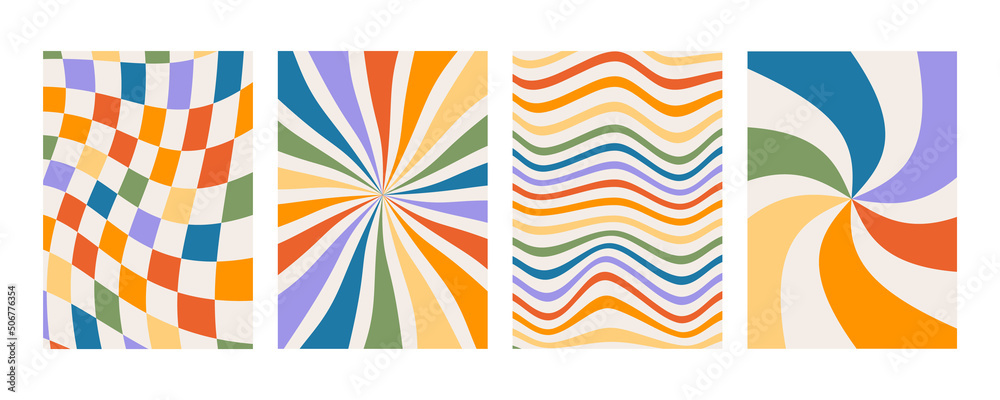 Set of retro groovy prints with rainbow colors. Checkered background with distorted squares. Abstract poster with distortion. 70s geometric psychedelic placard. Minimalistic old-fashioned art design.