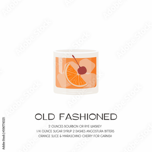 Old Fashioned Cocktail in glass with ice garnished with orange slice and maraschino cherry. Summer aperitif retro poster. Minimalistic trendy print with alcoholic beverage on white background. Vector.