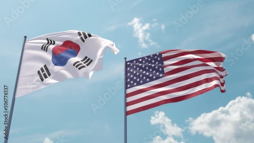 South Korea flag and USA on a flagpole realistic wave on strong wind in blue sky. S. Korea and America