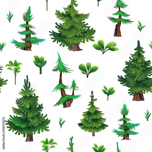 Pine forest Seamless pattern. Coniferous spruce trees. Landscape cartoon style. Isolated on white background. Young Escapes. Vector