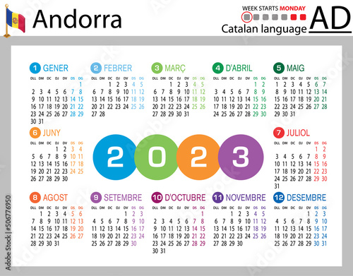 Catalan horizontal pocket calendar for 2023. Week starts Monday