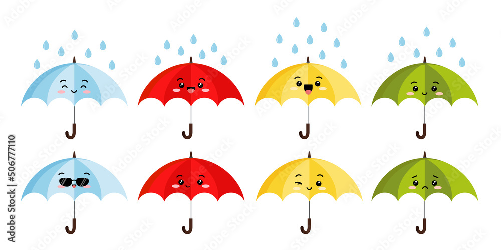 Cute open umbrella with rain cartoon character emoji icon vector set. Funny  parasol mascot emoticon collection with face. Happy umbrellas flat kawaii  clip art illustration. Stock Vector | Adobe Stock