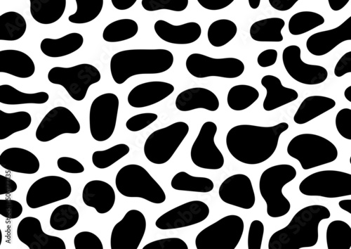 Dalmatian or cow seamless pattern animal spot print on white skin. Absract design shapes dog or cow black stains on white background for wallpaper fibres and textile. Simple endless leather backdrop.