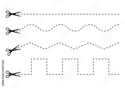 Scrissors cut dotted line zig zag and wavy shap icon set. Guide lines for kids shear cutting practice page. Simple silhouette cut here graphic design element collection. Vector flat illustation.