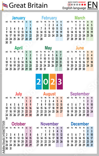 English vertical pocket calendar for 2023. Week starts Monday