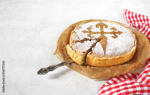 tarta de santiago and peace, spanish almond cake, copy space photo