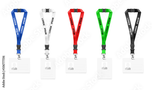 Set of colourful lanyards with id card mockup. Vector illustration isolated on white background. Ready template to use for for presentations, conferences, design. EPS10.