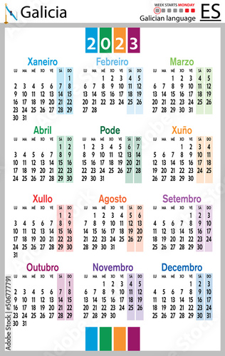 Galician vertical pocket calendar for 2023. Week starts Monday