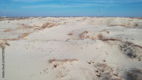 Aerial View, Desert Landscape, Dunes and Bushes Under Blue Sky on Hot Sunny Day. Monahans Sandhills State Park, Texas USA photo