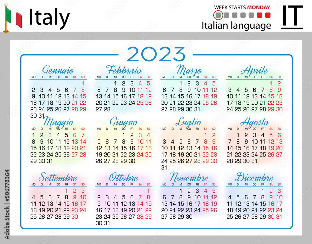Italian horizontal pocket calendar for 2023. Week starts Monday Stock