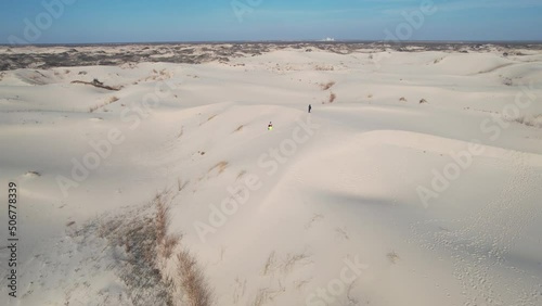 Monahans Sandhills State Park, Texas USA. Aerial View of People on Dunes and Desert Landscape, Drone Shot photo