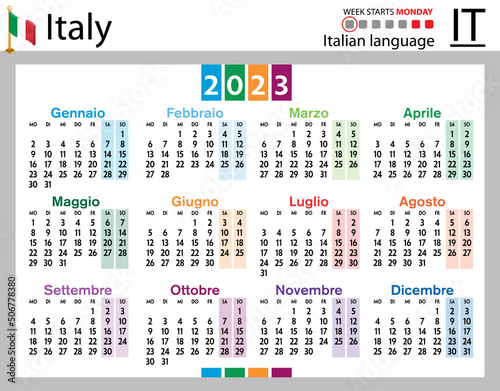 Italian horizontal pocket calendar for 2023. Week starts Monday