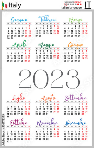 Italian vertical pocket calendar for 2023. Week starts Monday