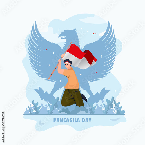 Flat design a young man with red and white flag for Pancasila day